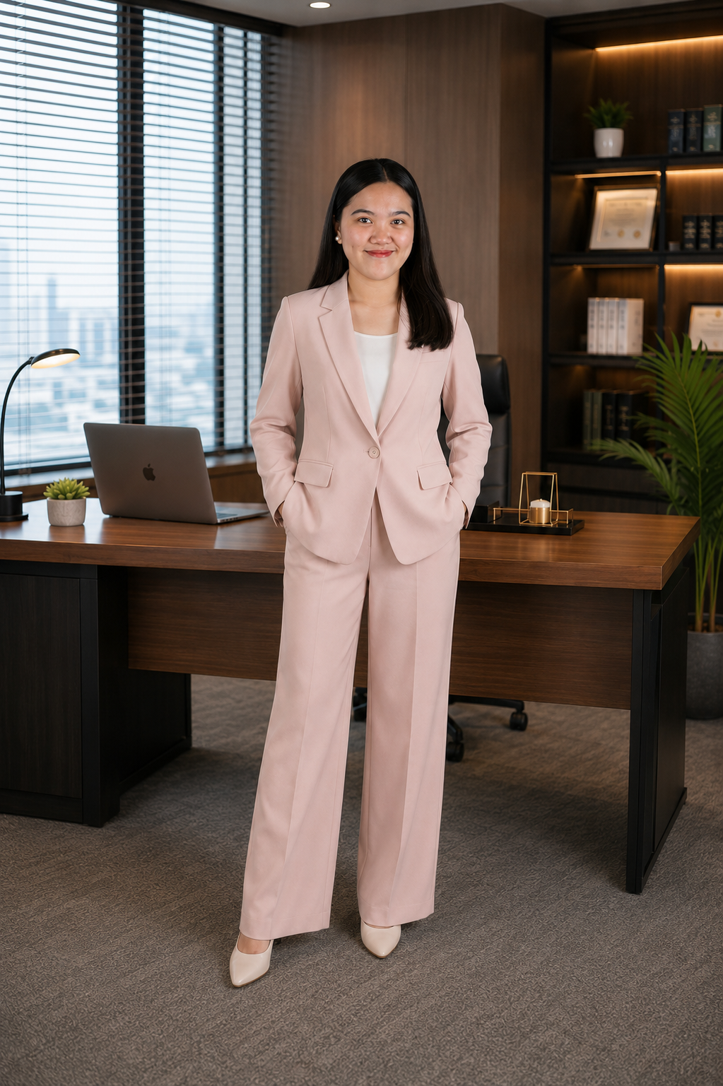 Justine standing in a modern office workspace